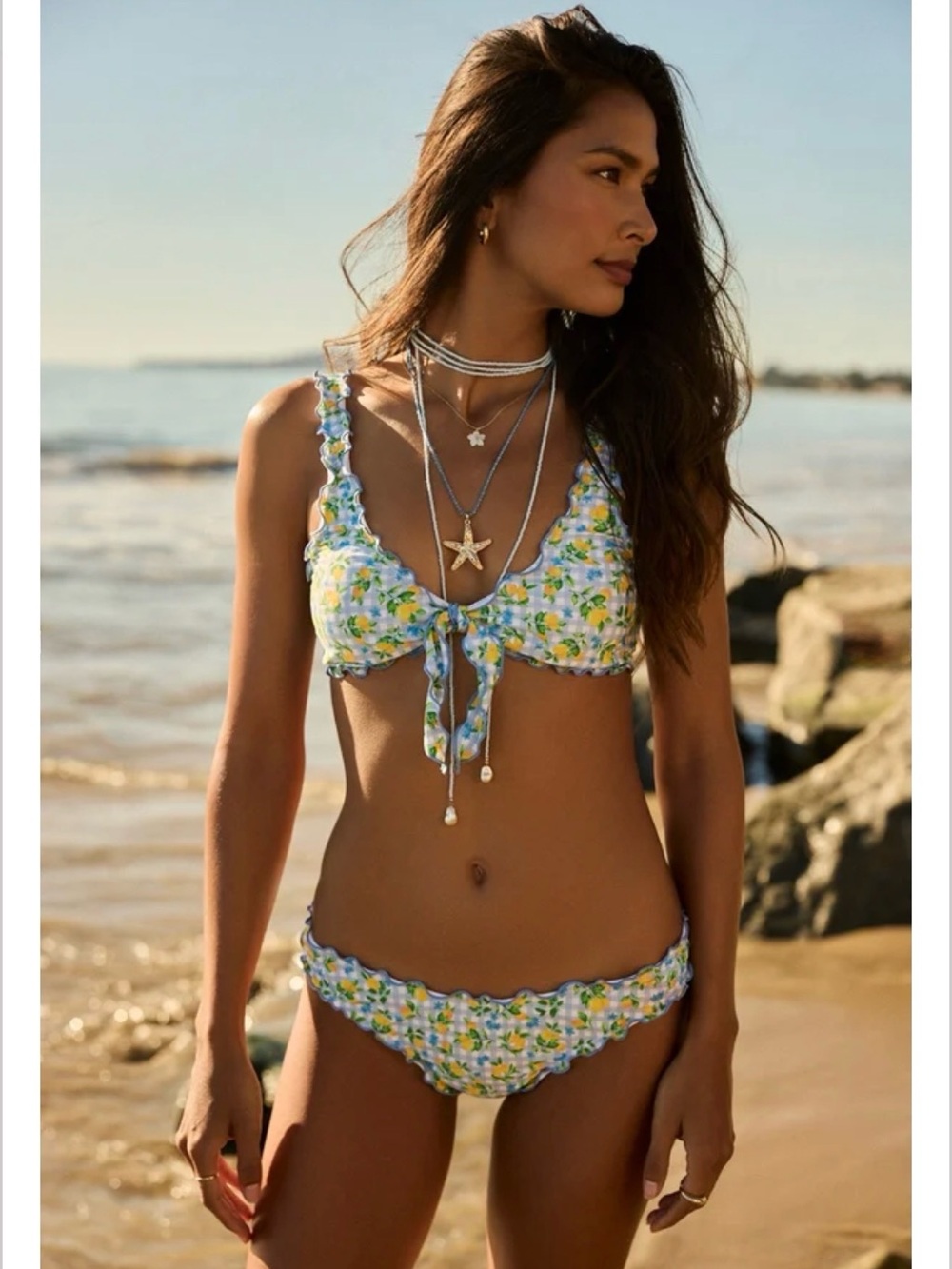 Altar'd State Yellow & Blue Lemon Ruffle Bikini